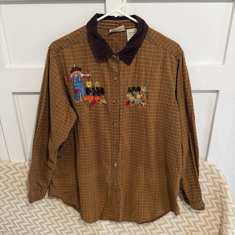Vintage Faded Glory Women’s Fall Pumpkin Harvest Embroidered Button Down Shirt